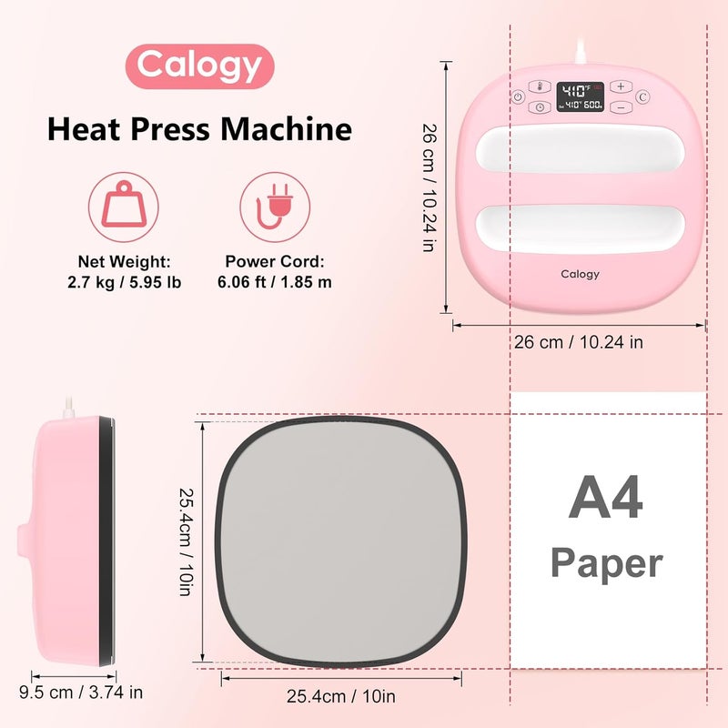 Calogy Heat Press Machine for T-Shirts 10"X10", Portable Heat Press Fast Up to 410℉(210 ºC), Precise Temp Control, 15 Mins Auto Off for Bag, Pillows Sublimation Vinly Transfer(Pink White, 10 x 10 in) - Image 2